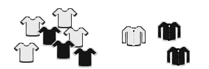 4 white shirts, 3 black shirts; 2 black jackets, 1 white jacket