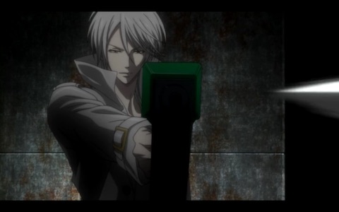 (Makishima calmly fires a dart gun at Masaoka)