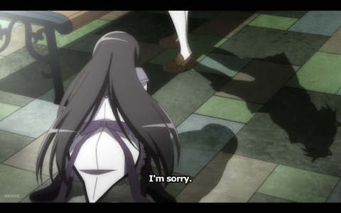 (Homura collapses in front of Madoka, crying)