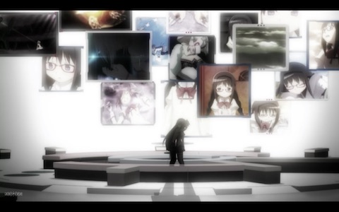 (Homura's backstory appears on the floating panels in her apartment as she confides in Madoka)