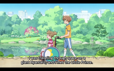 (Enta wheels Haruka in his wheelchair back into the hospital.)