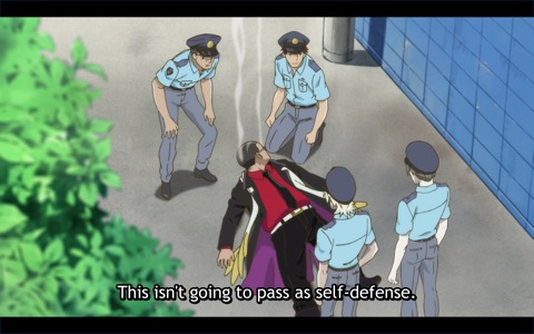 Cop, to Leo and Mab: "This isn't going to pass as self-defense."