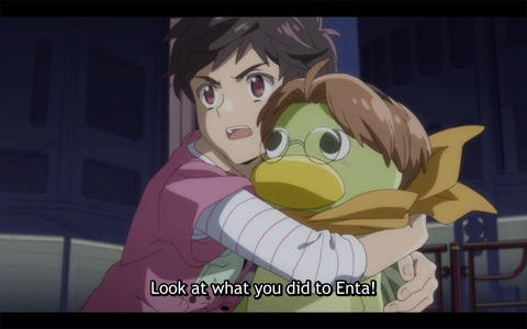 Kazuki, hugging kappa-Enta: "Look what you did to Enta!"